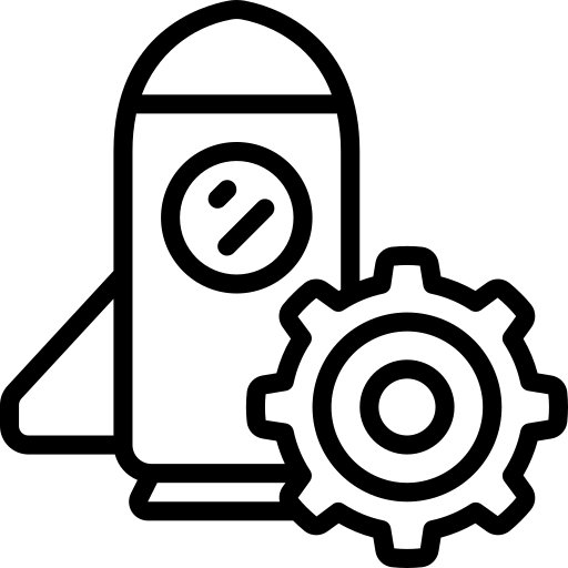 A simple black and white line drawing of a rocket with a round window, next to a large gear or cogwheel, symbolising engineering, technology, or start-up development.