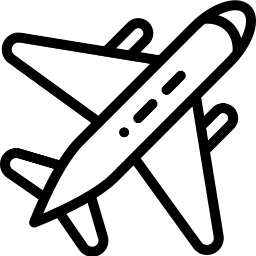 Outline of an aeroplane tilted upward, depicted in a simple black and white style. The image uses bold lines and minimal detail, resembling an icon or symbol for air travel or aviation.