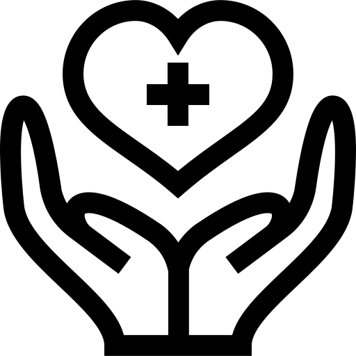 Two hands are open and cupped upwards, holding a heart with a medical cross inside, symbolising healthcare, support, or medical care.