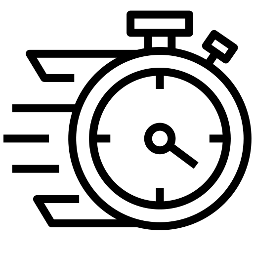 Black and white line drawing of a stopwatch with motion lines on the left, symbolising speed or quick timing.