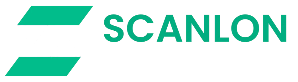 Logo with two green geometric shapes forming an abstract S on the left, and the words SCANLON FREIGHT on the right, with SCANLON in green and FREIGHT in light grey.
