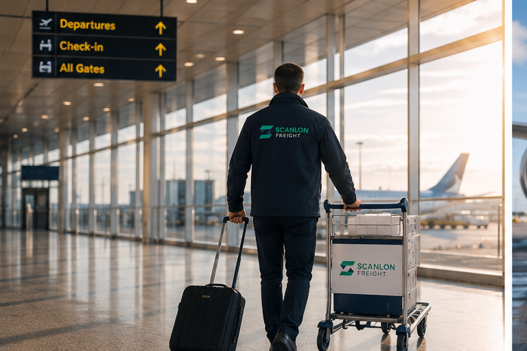 Onboard courier collecting shipment at airport terminal for hand-carry delivery